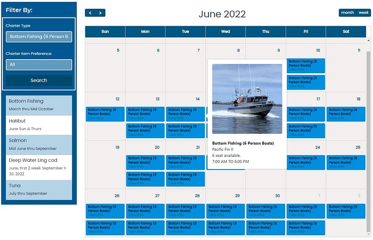 Charter Boat Booking Calendar for fishing trips